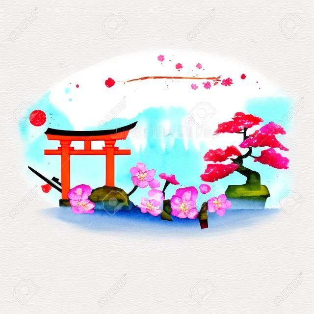 Banner de acuarela de Japón Etiqueta con elementos dibujados a mano: puerta Torii, árbol de los bonsais, rama de cerezo, rollo de sushi, palillos y bandera de Japón. Signos de capital de Japón Ilustración vectorial