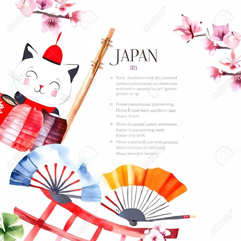 Watercolor Japanese frame. Frame with hand draw Japanese objects:Torii gate,origami bird,Japan flag,lacky cat,Japanese lantern and fan,geisha shoes,bonsai tree,koi fish and cherry blossom.