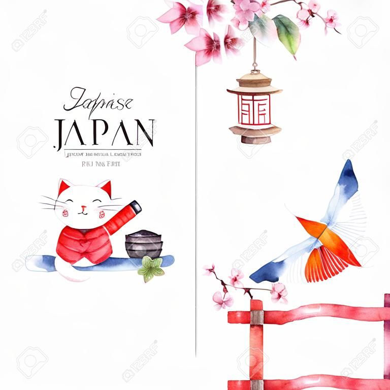 Suluboya Japon çerçeve. Torii kapısı, origami kuş, Japonya bayrağı, Lacky kedi, Japon fener ve fan, geyşa ayakkabıları, bonsai ağacı, koi balıkları ve kiraz çiçeği: elle Çerçeve Japon nesneleri çizin.