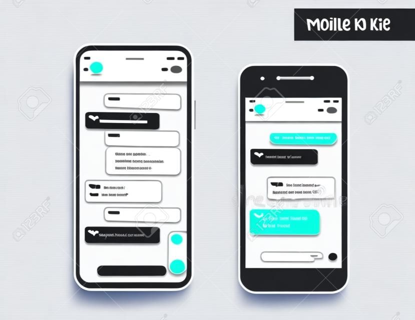 Mobile UI-Kit-Messenger. Mobiltelefon. Chat-App-Vorlage. Modernes realistisches weißes und schwarzes Smartphone. Konzept des sozialen Netzwerks. Vektor-Illustration. Spott u.