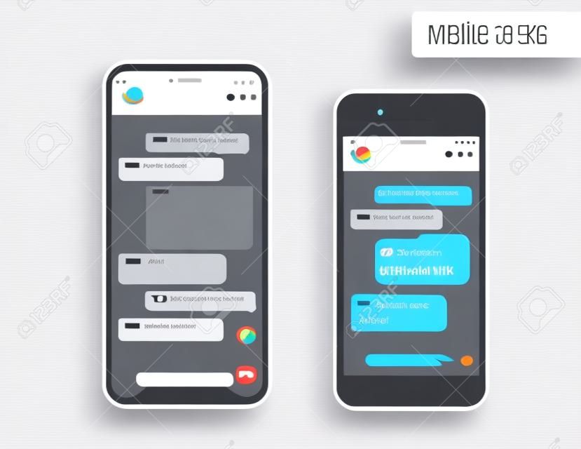 Mobile ui kit messenger. Mobile Phone. Chat app template. Modern realistic white and black smartphone. Social network concept. Vector illustration. Mock u.