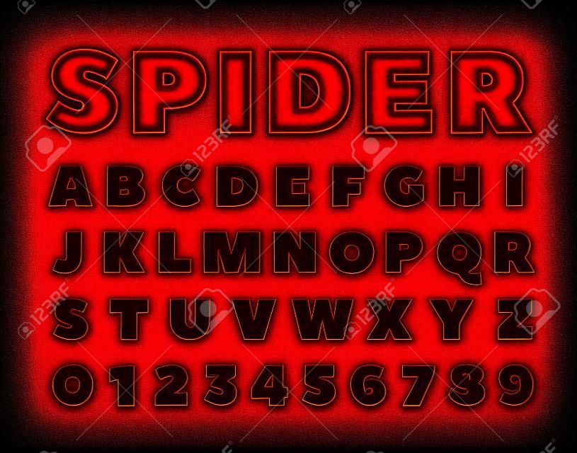 Spider lettertype. Spiderman alfabet. Zwarte letters op rode achtergrond.