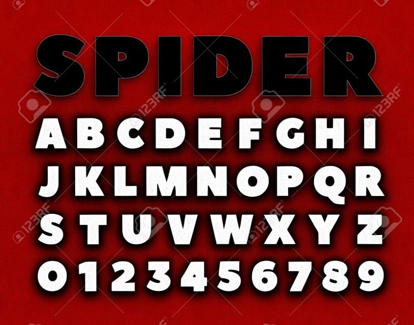 Spider lettertype. Spiderman alfabet. Zwarte letters op rode achtergrond.