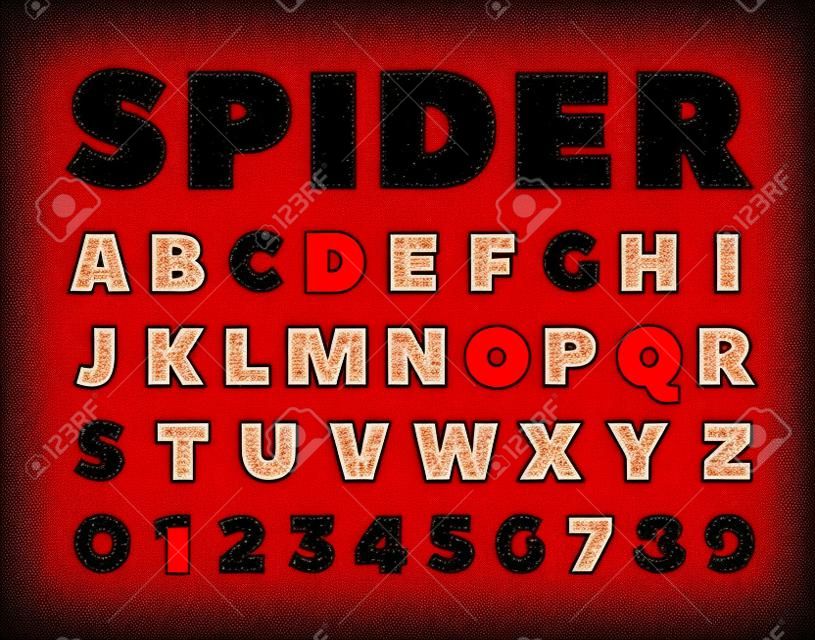 Spider font. Spiderman alphabet. Black letters on Red background.