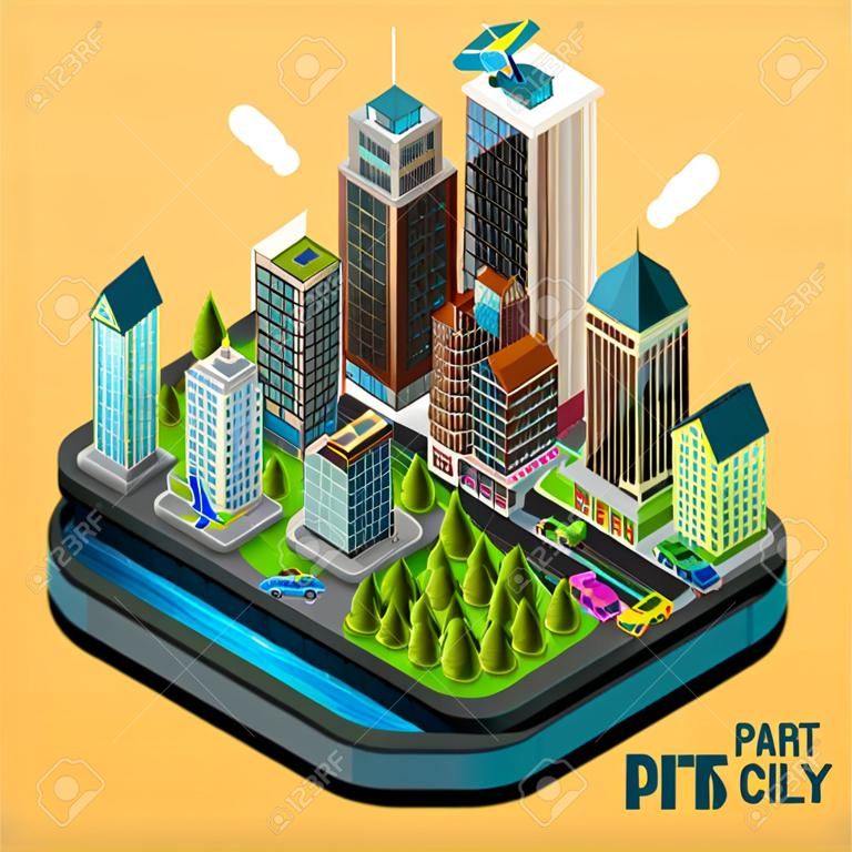 Isometric city, part of the icons consisting of buildings.