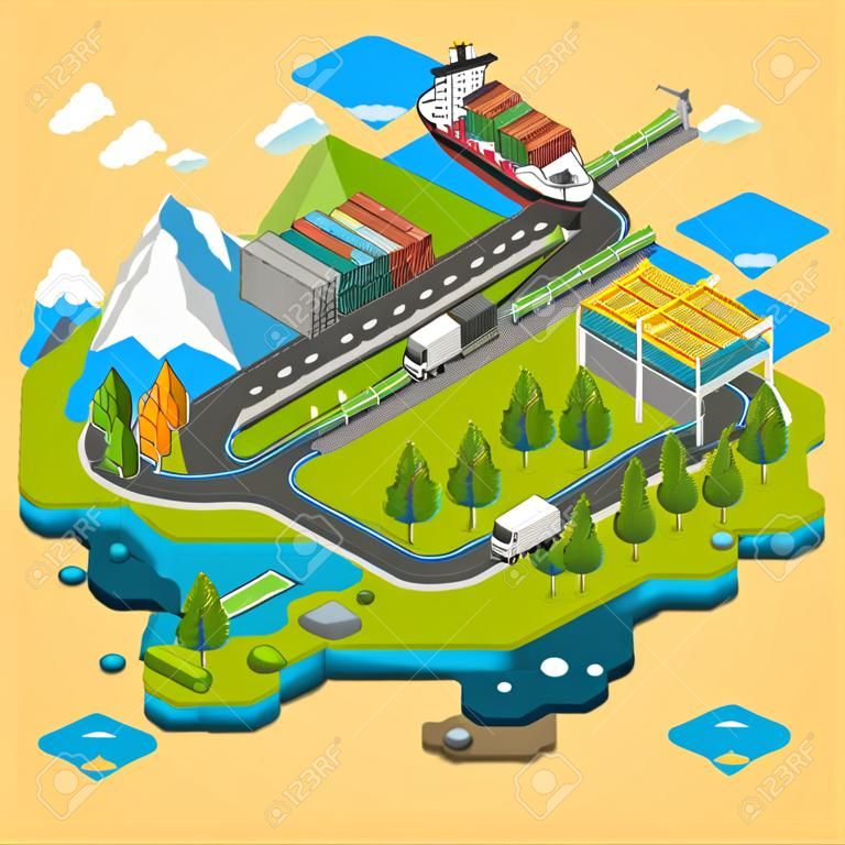 Isometric delivery of cargo, railway, truck, maritime transport logistics, loading, transport, location, 3d . The concept of landscape with cargo delivery system