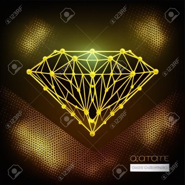 Geometrical shape of the gold diamond lattice of molecular. Abstract form of the diamond, forms design background, vector composition of a triangle. Isolated on black background. Vector.