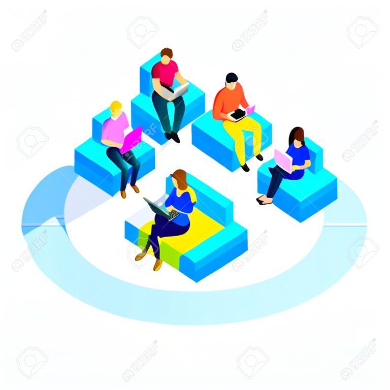 People in wi-fi zone. Public Wi-Fi zone wireless connection technology. Isometric 3d vector illustrations. Isolate on white. People surfing internet on the shaped seats of WiFI.