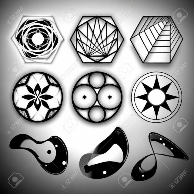 神聖な幾何学形、ライン、ロゴ、サイン、シンボルの形状。円、六角形、抽象的な形、黒に分離されました。