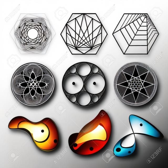 Heilige Geometrie Formen, Formen von Linien, Logo, Zeichen, Symbol. Kreis, Sechseck, abstrakte Formen, isoliert auf schwarz.