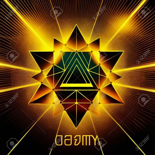 Forme di geometria sacra sullo sfondo dello spazio, forme di linee dorate per logo, segno e simbolo. Triangolo simbolico di geometria. Il vettore isola le forme dell'oro su colore scuro.