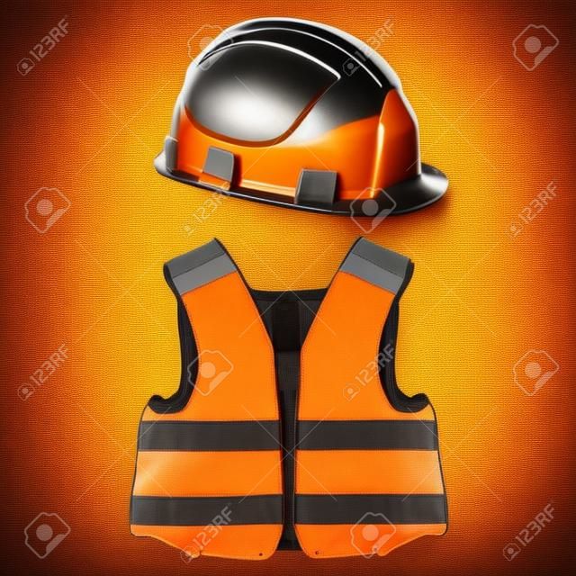 Orange building helmet and vest vector set, protective workwear, worker