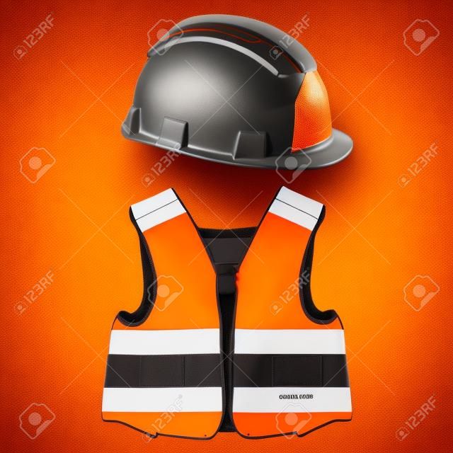 Orange building helmet and vest vector set, protective workwear, worker
