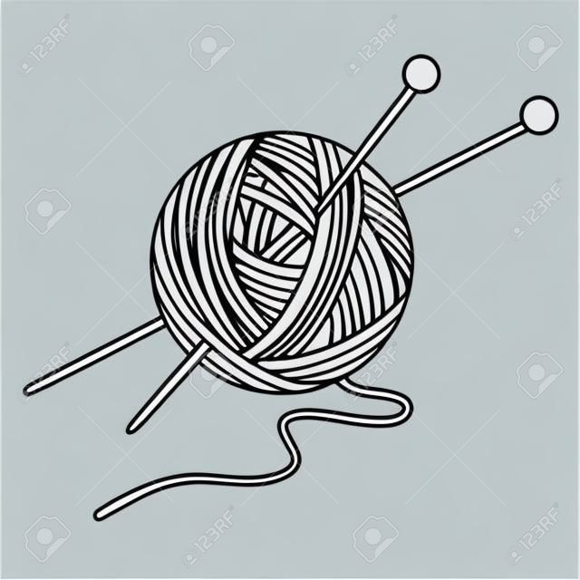 Illustrazione vettoriale contorno disegno palla filato con aghi per maglieria. icona palla Yarn