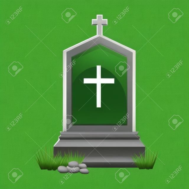 Vector illustration grey gravestone with cross on green grass. Flat tombstone icon