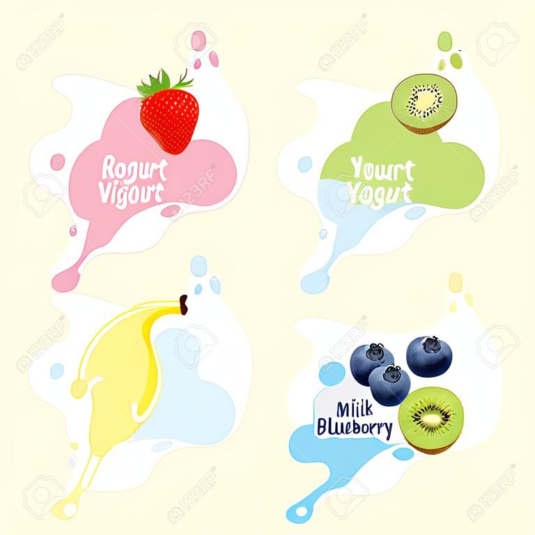 Vector illustration blueberry, strawberry, banana and kiwi yogurt logos. Milk product food. Splash of blueberry, strawberry, banana and kiwi yogurt