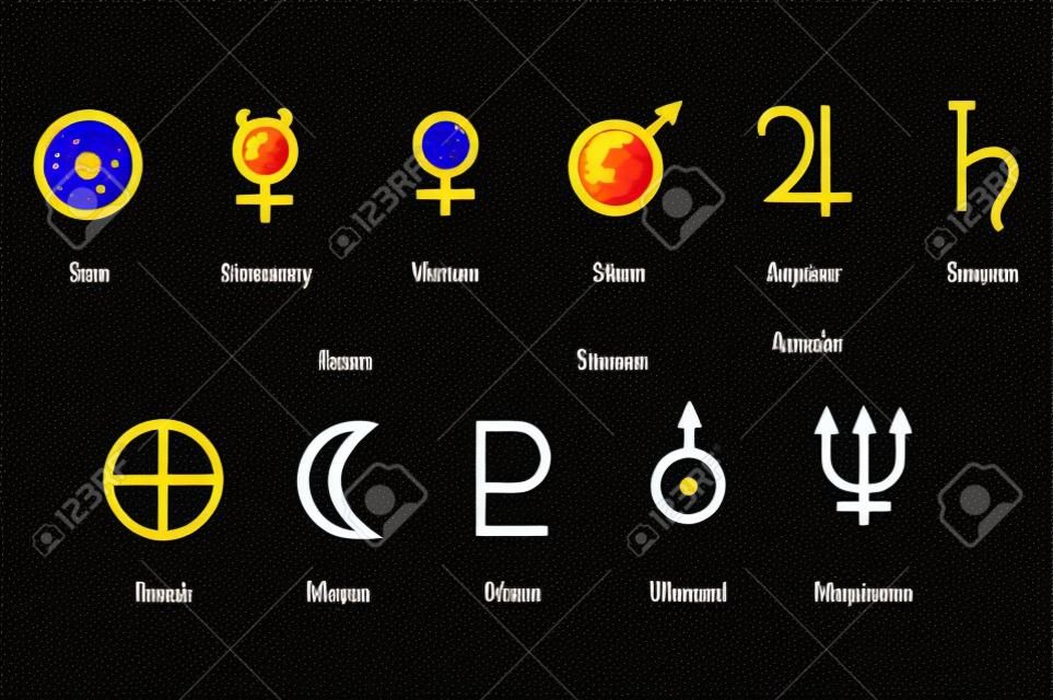 Raster ilustración planeta símbolos con nombres. Zodiaco y símbolos astrológicos de los planetas