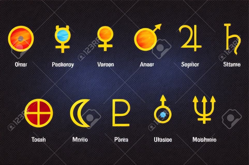Растровая иллюстрация символов планеты с именами. Знаки зодиака и астрологии планет