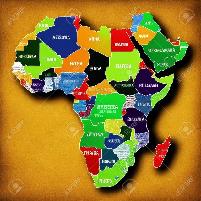 Raster illustration Mapa Afryki z nazwami krajów na białym tle. Ikona kontynentu afrykańskiego.