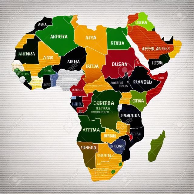 Raster illustration Mapa Afryki z nazwami krajów na białym tle. Ikona kontynentu afrykańskiego.