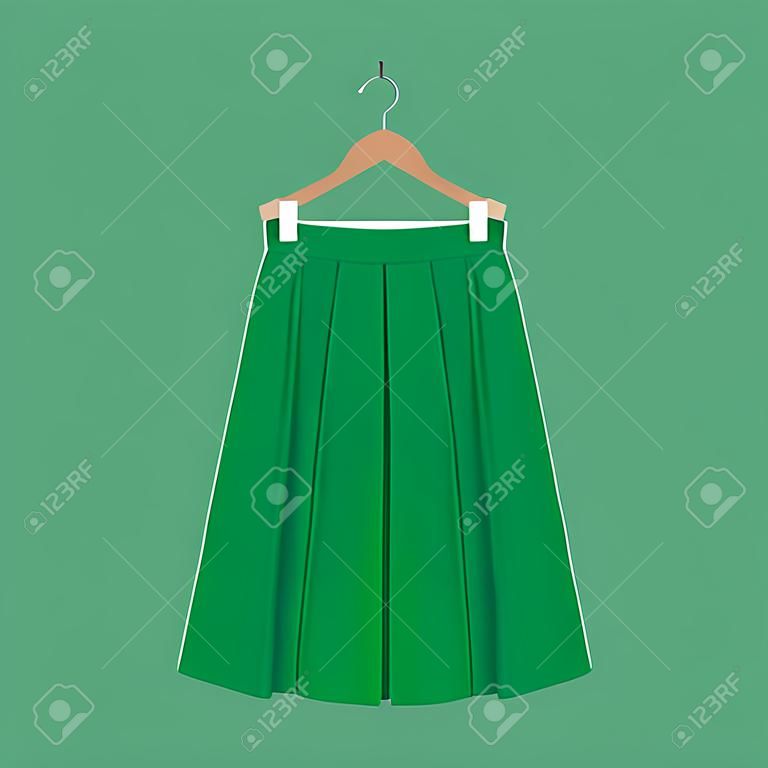 ベクトルグリーンスカートテンプレート、デザインファッション女性イラスト。ハンガーに女性ボックスプリーツスカート