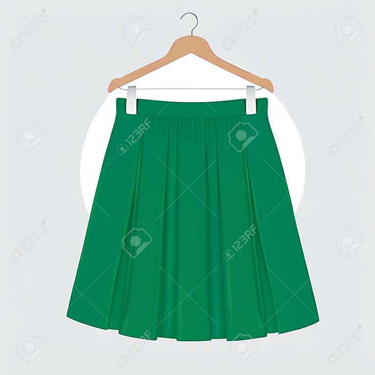 Modello di gonna verde vettoriale, illustrazione di design moda donna. Gonna plissettata da donna su gruccia