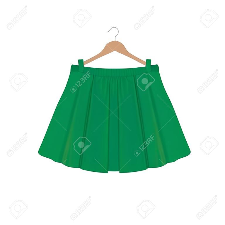 Modello di gonna verde vettoriale, illustrazione di design moda donna. Gonna plissettata da donna su gruccia