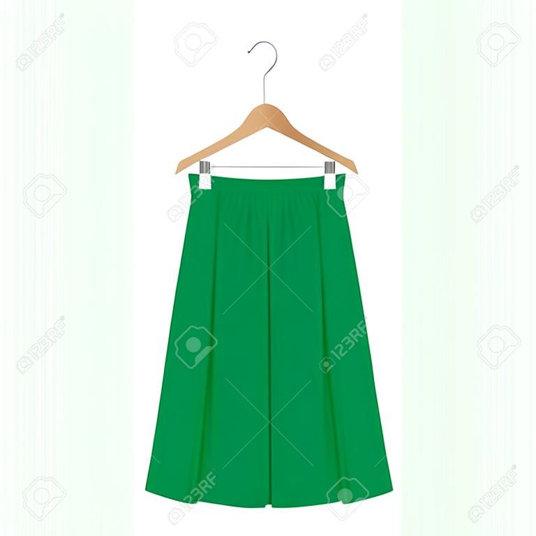 Vector green skirt template, design fashion woman illustration. Women box pleated skirt on hanger