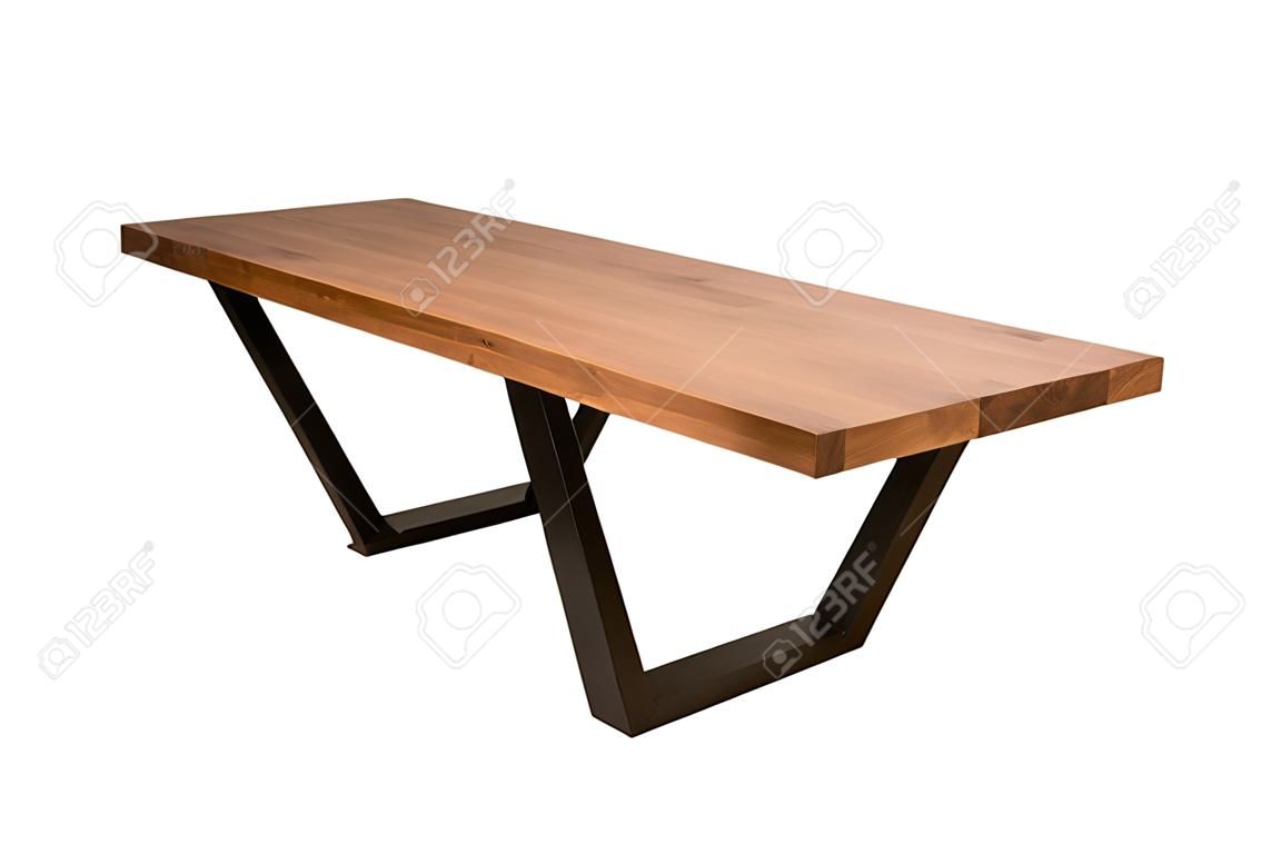 Tavolo in legno laccato con gambe in metallo nero su sfondo bianco in piedi con un angolo di 45 gradi