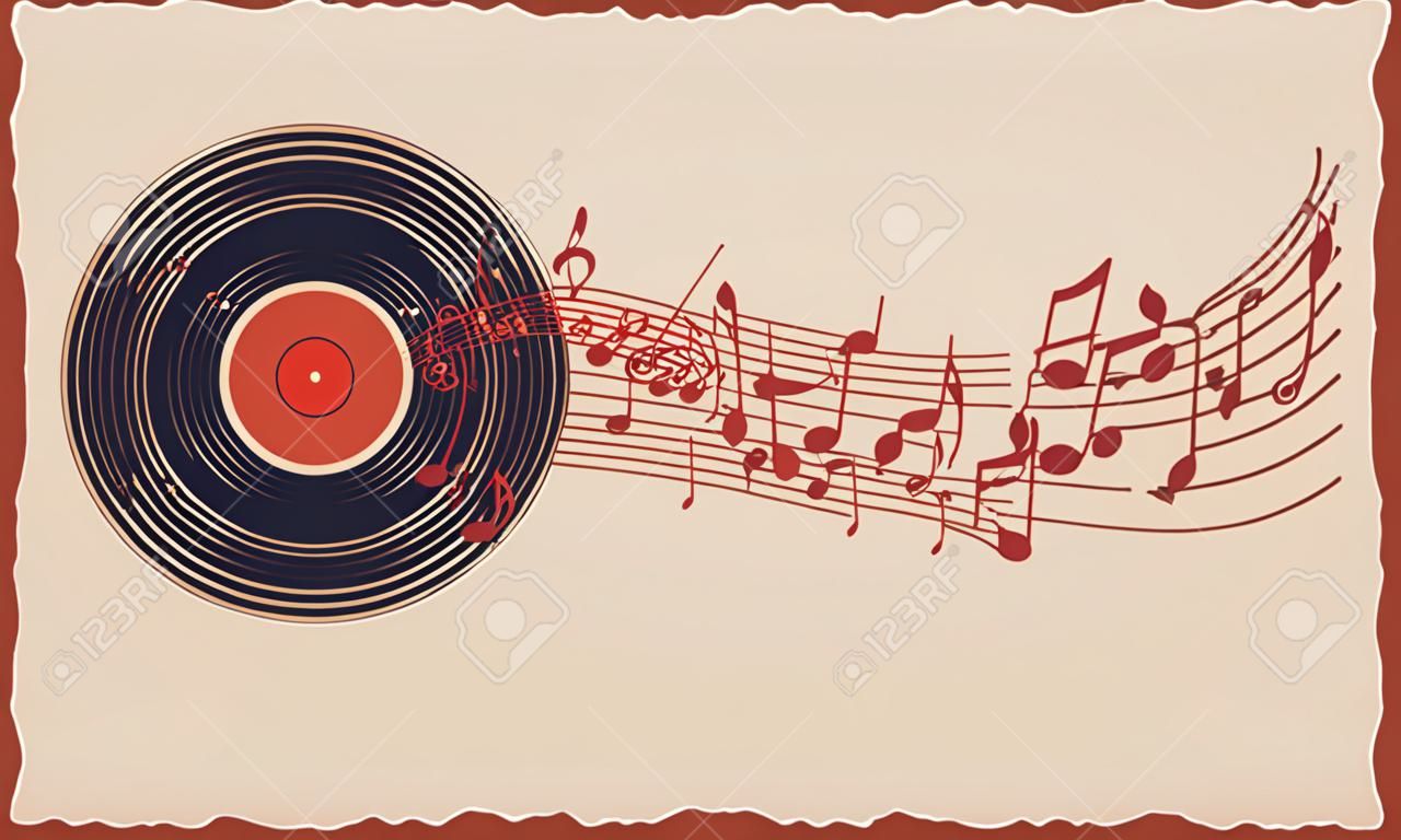Vinyl with departing notes. Sound musical technology. Banner
