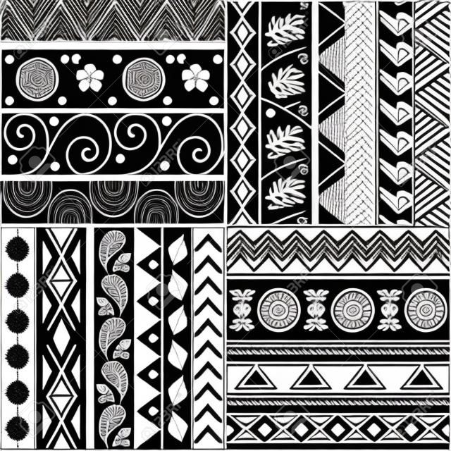 Tribal striped hand drawn seamless pattern  Geometric black-white background  Swatches of seamless pattern included in the file 