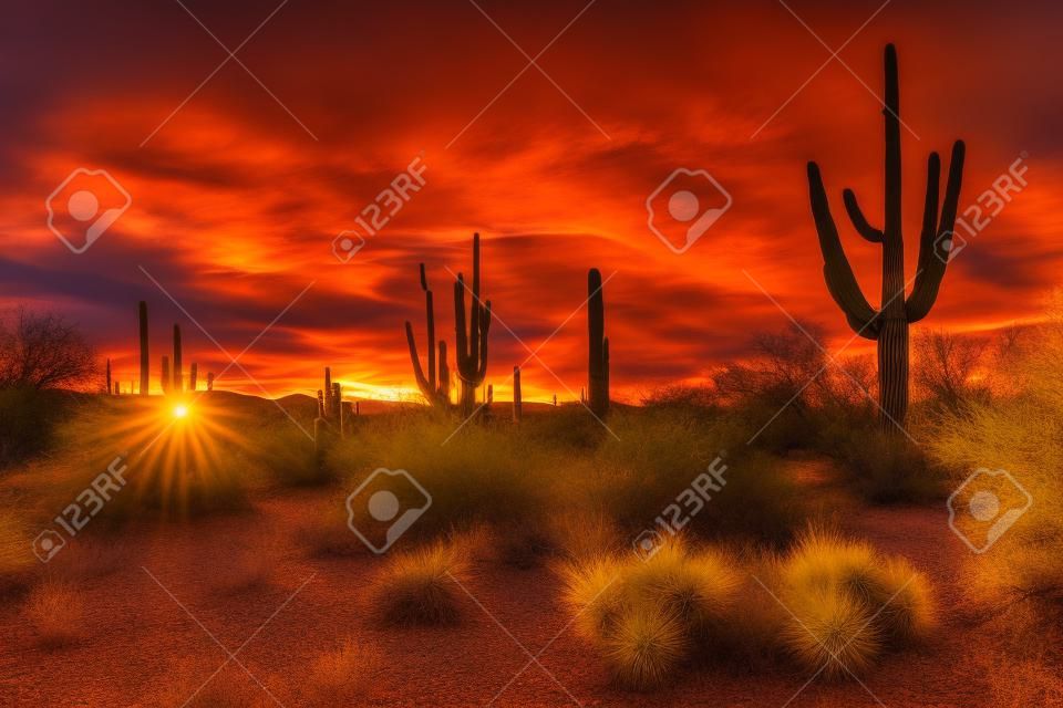 Pôr do sol no Parque Nacional de Saguaro com Saguaros em primeiro plano. Arizona. EUA