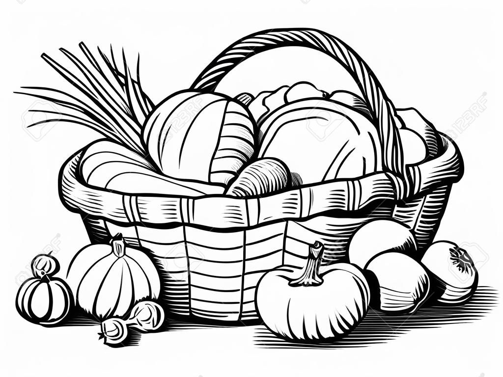Basket with vegetables. Stylized black and white vector illustration. Cabbage, pumpkin, eggplant, tomatoes, onion, carrots, broccoli, brussels sprouts