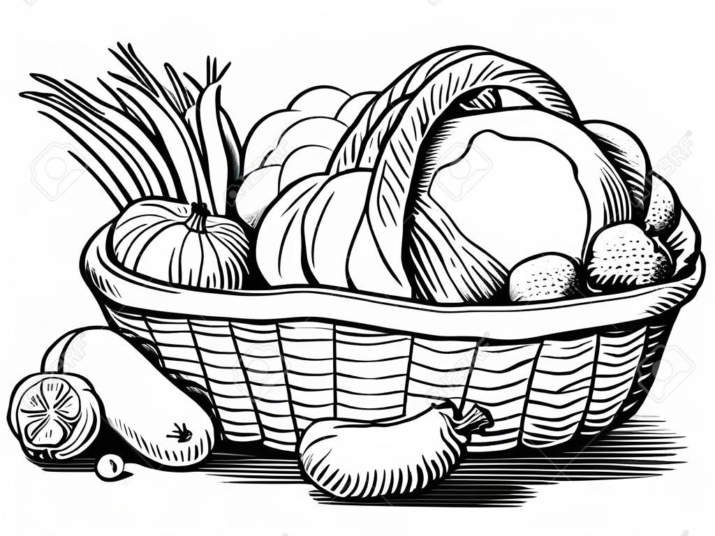 Korb mit Gemüse. Stilisierte Schwarz-Weiß-Vektor-Illustration. Kohl, Kürbis, Auberginen, Tomaten, Zwiebeln, Karotten, Brokkoli, Rosenkohl