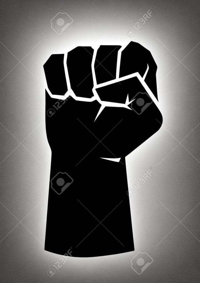 Black silhouette of a male rising fist on a white background with white lines defining fingers and thumb. Symbol of freedom, fight, revolution, unity, strength and struggle. Simple, basic illustration