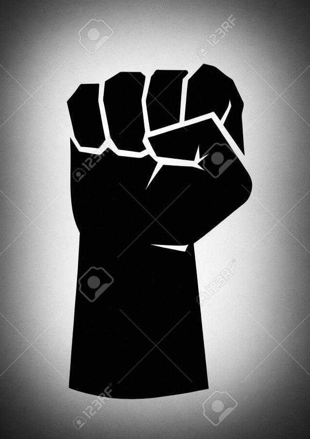 Silhueta preta de um punho ascendente masculino em um fundo branco com linhas brancas que definem os dedos e o polegar. Símbolo da liberdade, luta, revolução, unidade, força e luta. Ilustração simples, básica