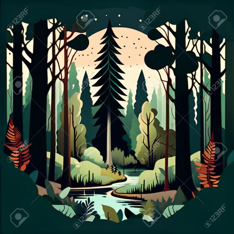 Illustrazione vettoriale colorato del paesaggio forestale boschivo con alberi