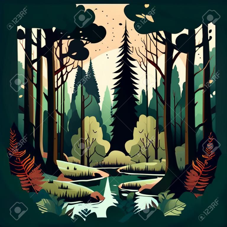 Illustrazione vettoriale colorato del paesaggio forestale boschivo con alberi