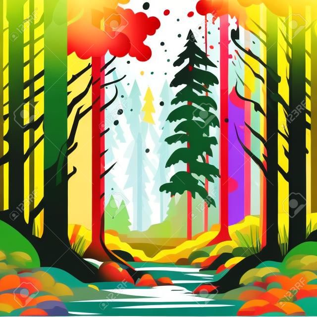Colorful vector illustration of woodland forest landscape with trees