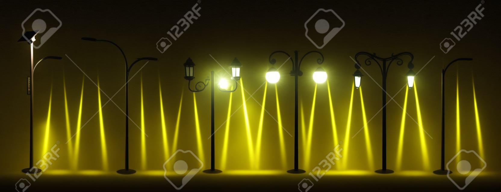 Various types of street light night lantern. street lights glowing in darkness yellow warm and cold white light.