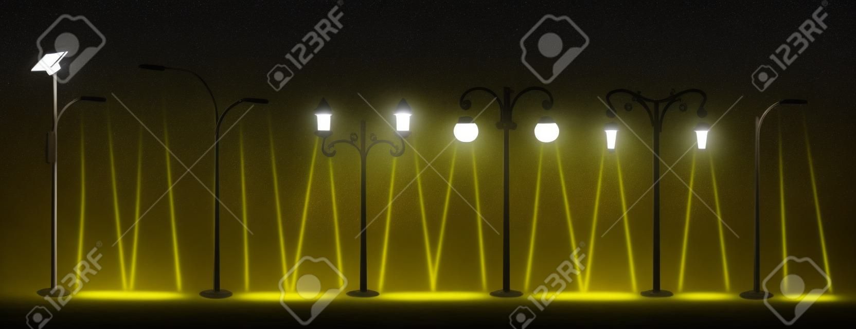 Various types of street light night lantern. street lights glowing in darkness yellow warm and cold white light.