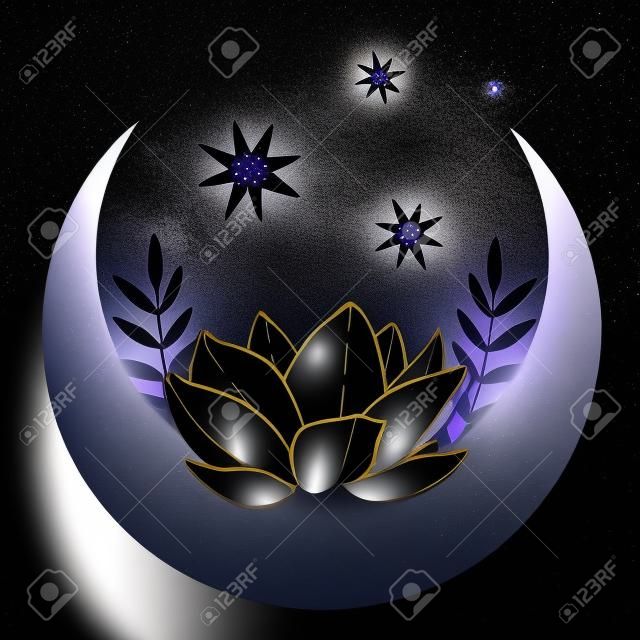 Lune noire magique avec étoiles et lotus sur fond blanc.