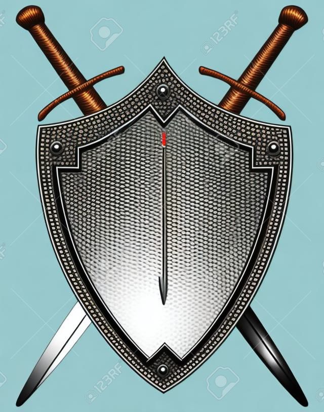 Un conjunto de doble filo espadas escudo medieval. Vector ilustración.