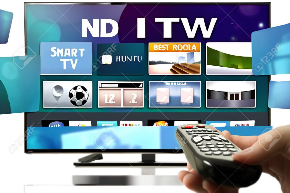 3D smart tv with hand holding remote control isolated 