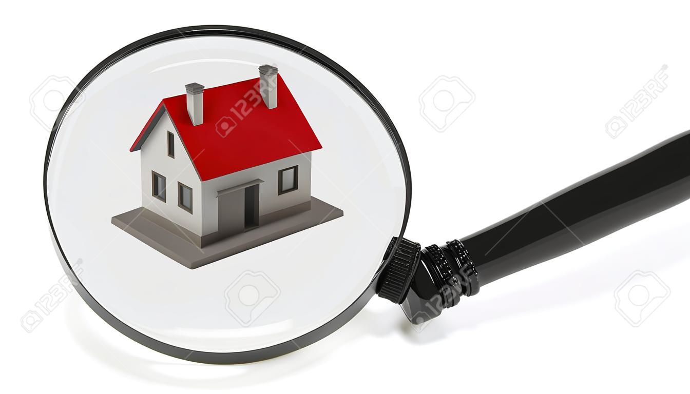 House model under a magnifier isolated on white background