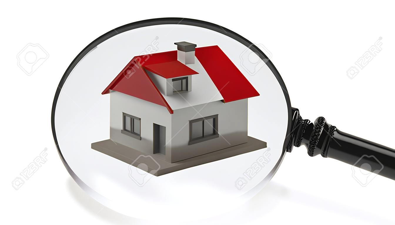 House model under a magnifier isolated on white background