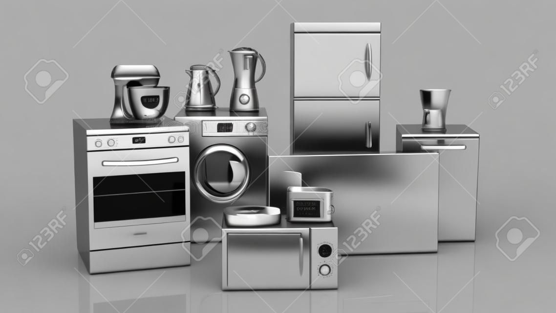 3d rendering set of silver household appliances on white background