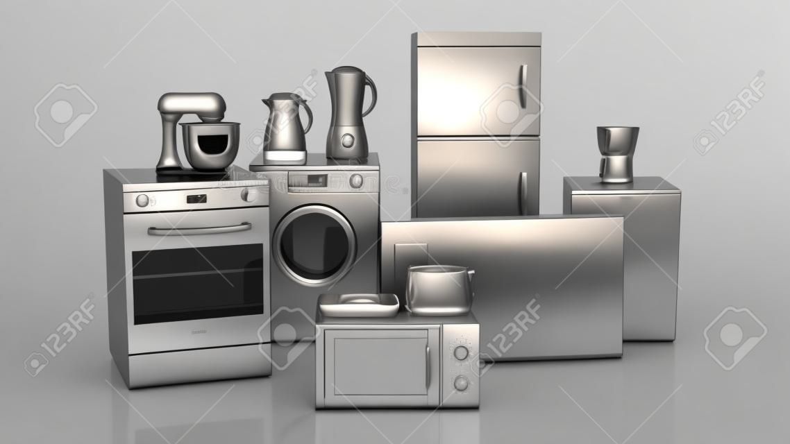 3d rendering set of silver household appliances on white background