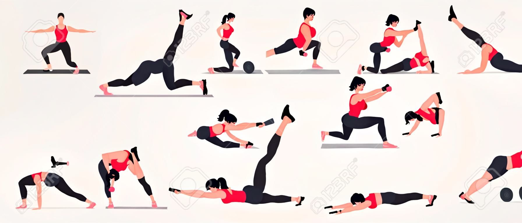 Conjunto de exercícios de tonificação corporal. Mulheres fazendo exercícios de fitness e ioga. Lunges, Pushups, Squats, linhas de dumbbell, Burpees, pranchas laterais, Situps, ponte Glute, aumento de perna, torção russa, Side Crunch.etc