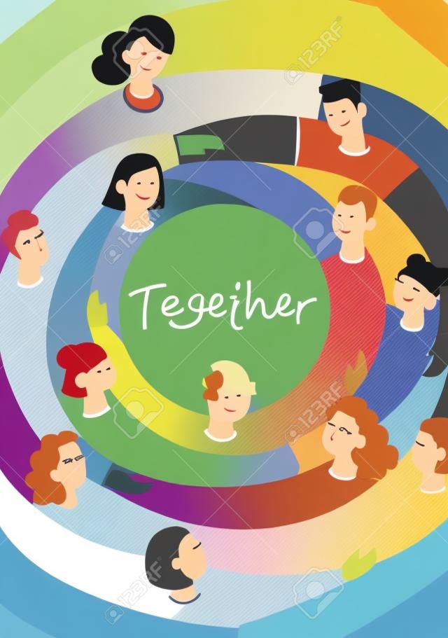 Illustrazione piatta di un gruppo contenente persone inclusive e diversificate tutte insieme senza alcuna differenza.